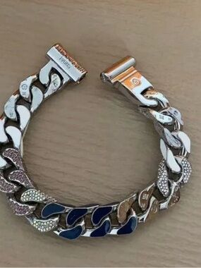 Sterling Silver Cuban Link Bracelet with Navy and Crystal Accents